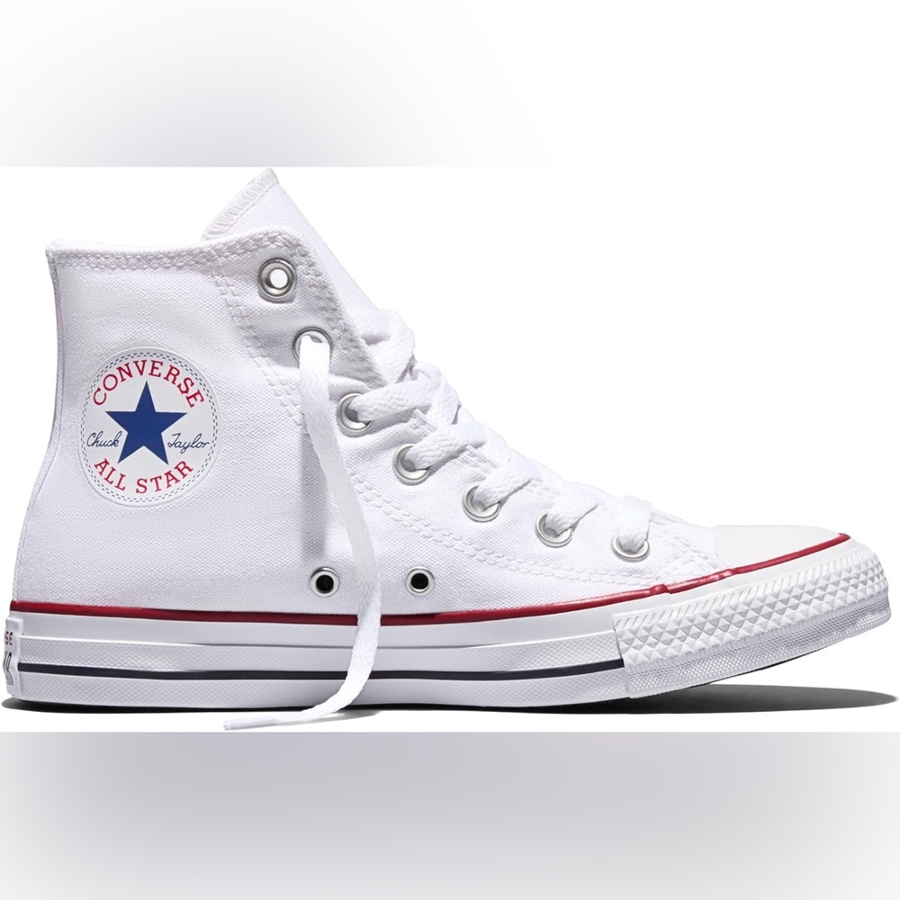 Converse High Top Sneaker in White with Red & Navy Accents